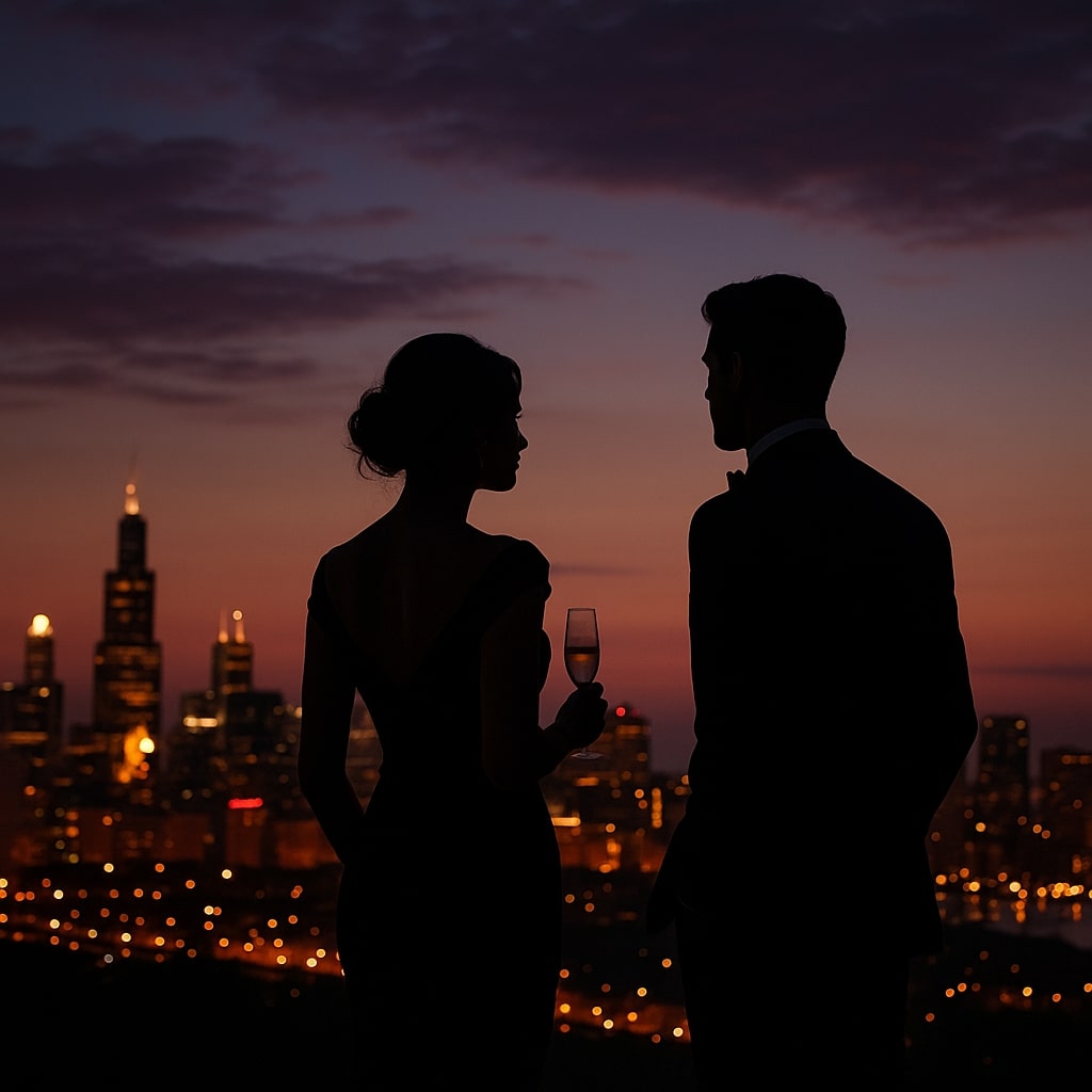 Silhouette of an elegant couple overlooking the city at dusk